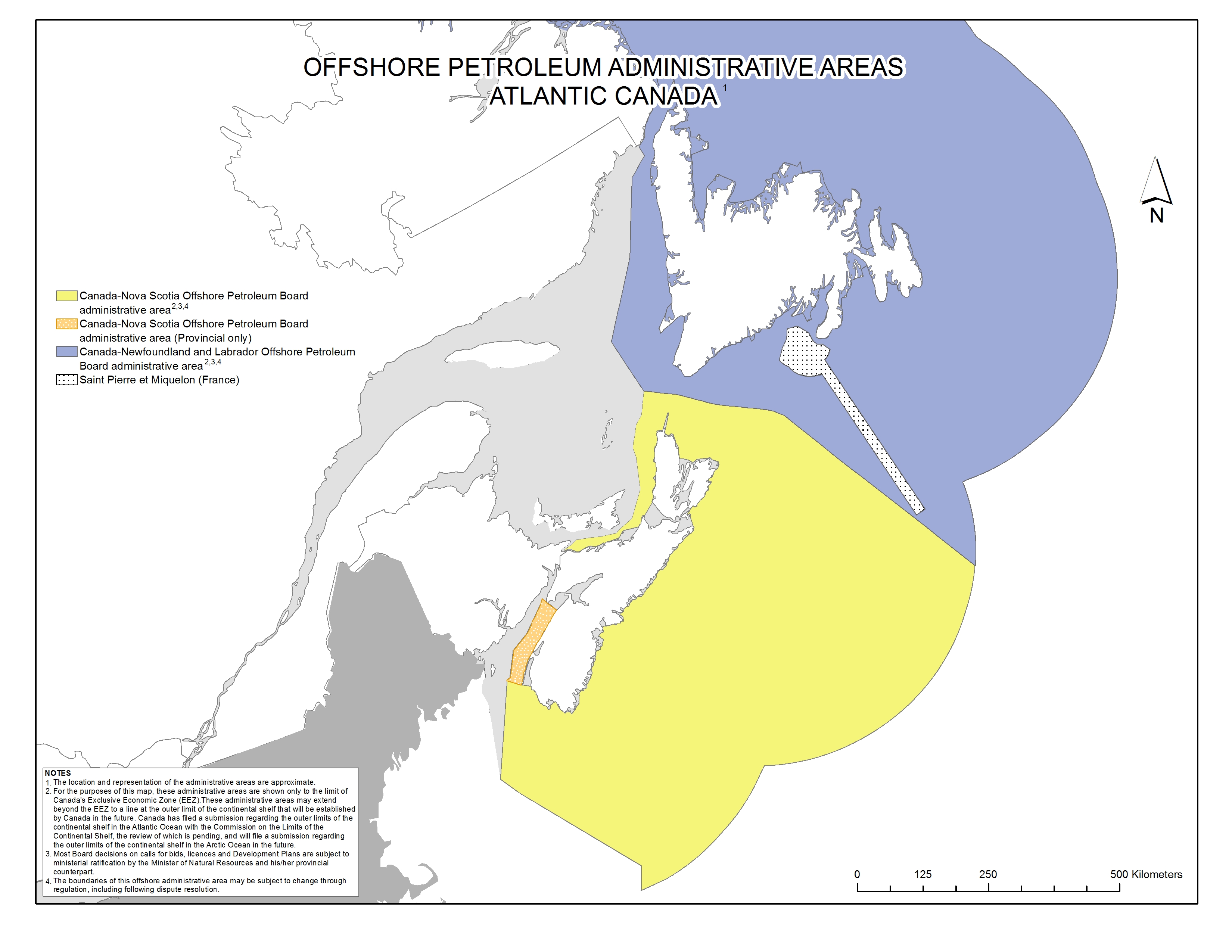 Map of offshore petroleum administrative areas in Atlantic Canada coloured in dark blue, light blue, blue, orange and yellow