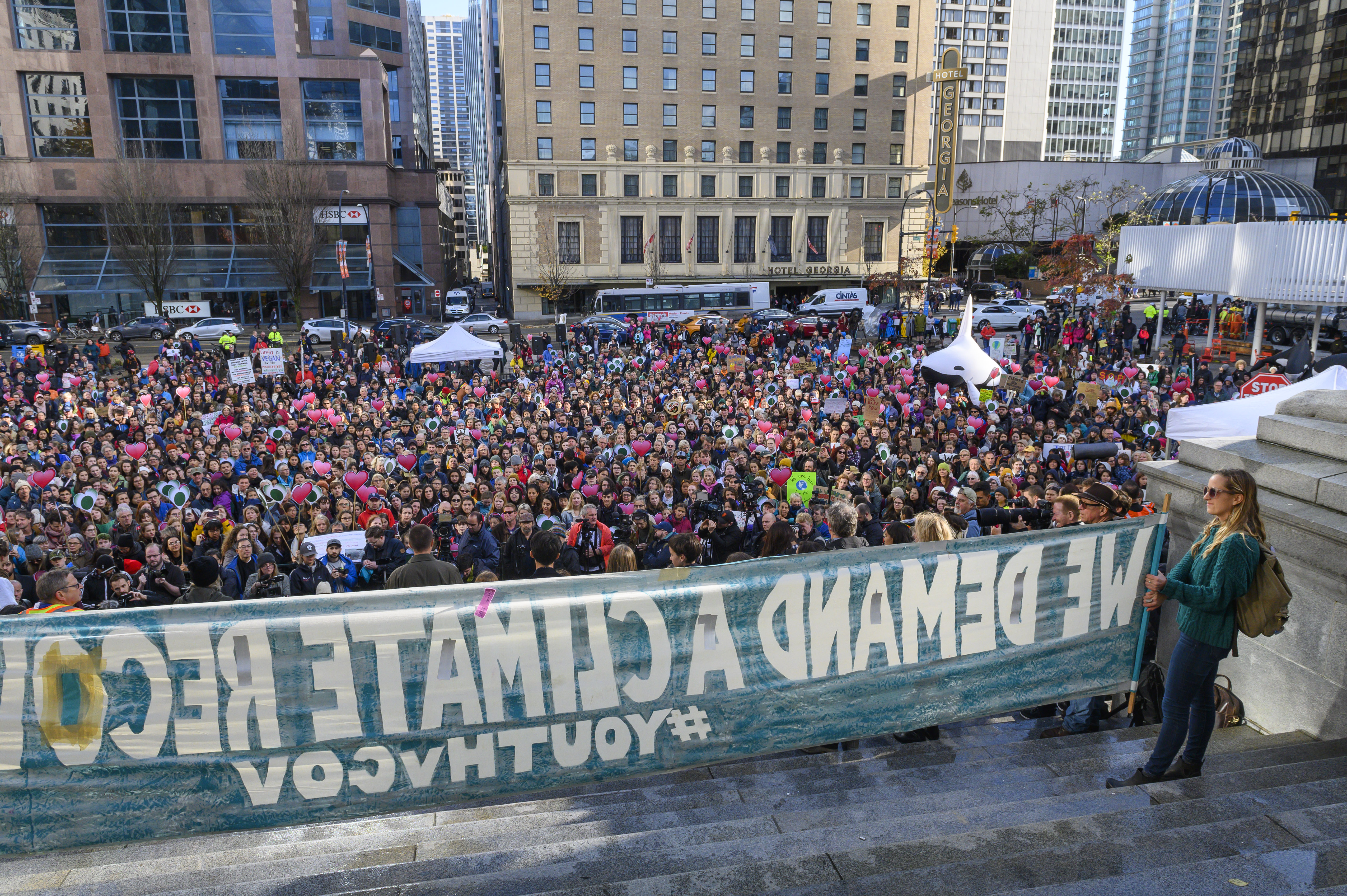 Rally-goers at Vancouver Art Gallery where youth announced their climate lawsuit against the government of Canada