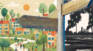 A crossroads sign with green healthy community illustration on the left and plumes of smoke on the right