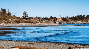 Pebble beach and shoreline with structures and a lighthouse in the distance