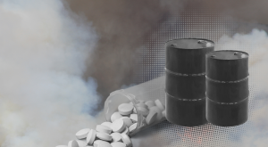 Greyscale graphic showing two oil barrels next to a spilled pill bottle.