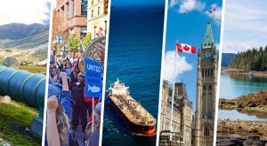 Graphic collage with images of an oil pipeline, a rally, oil tanker, Canadian Parliament building, and BC coast 