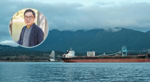 Harbour landscape with tanker, with overlaid photo of Eugene Kung