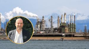 Headshot of lawyer Andrew Gage overlaid on image of oil refinery