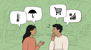 Comic style graphic shows two neighbours discuss rising costs of groceries and the increasing frequency of extreme weather