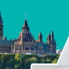 Collage graphic with hand putting ballot in box and photo of Parliament buildings in background