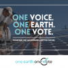 Workers installing solar panels with text overlay: "One Voice. One Earth. One Vote."